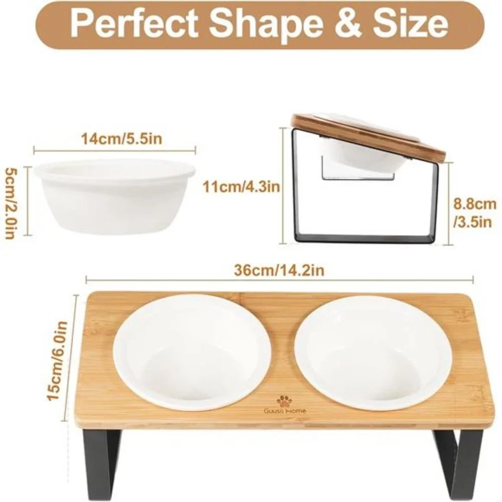 Ceramic Elevated Cat Bowls, Raised Puppy Dishes for Food and Water, Bamboo Stand